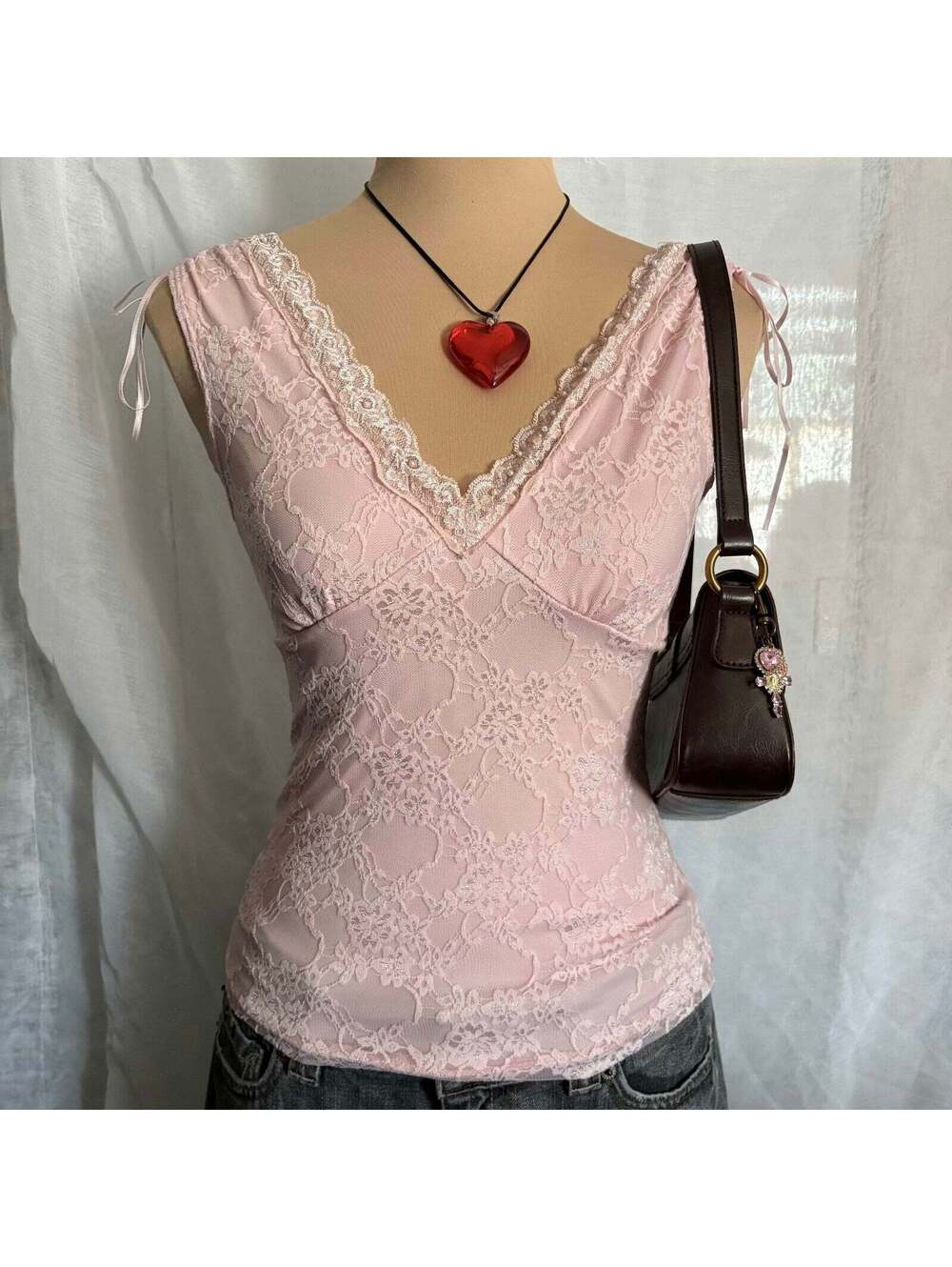 vintage y2k coquette fairycore pink beaded lace top
